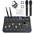 6 Channel Audio Mixer with 2 Wireless Microphones Bluetooth USB DJ Console Sound Mixer for Podcast Live Streaming Karaoke Studio