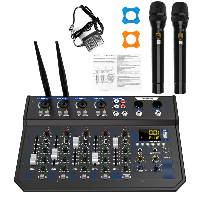 6 Channel Audio Mixer with 2 Wireless Microphones Bluetooth USB DJ Console Sound Mixer for Podcast Live Streaming Karaoke Studio