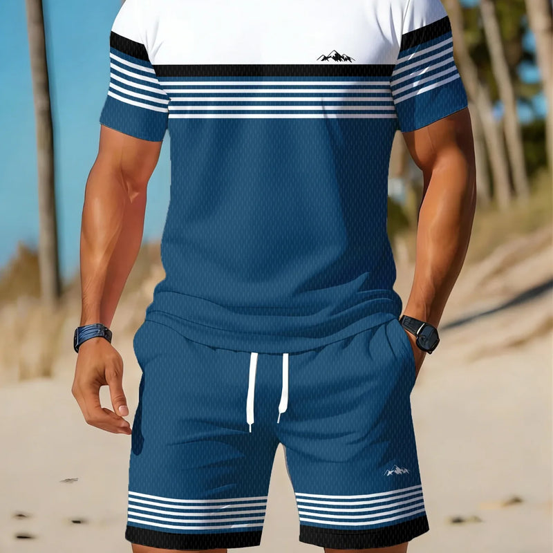 Casual Holiday Beach Men's T - shirt And Shorts 2 Pieces Sets Summer Suit Clothing Stripe Print Sleeve Tee - View 10 | SAMAG