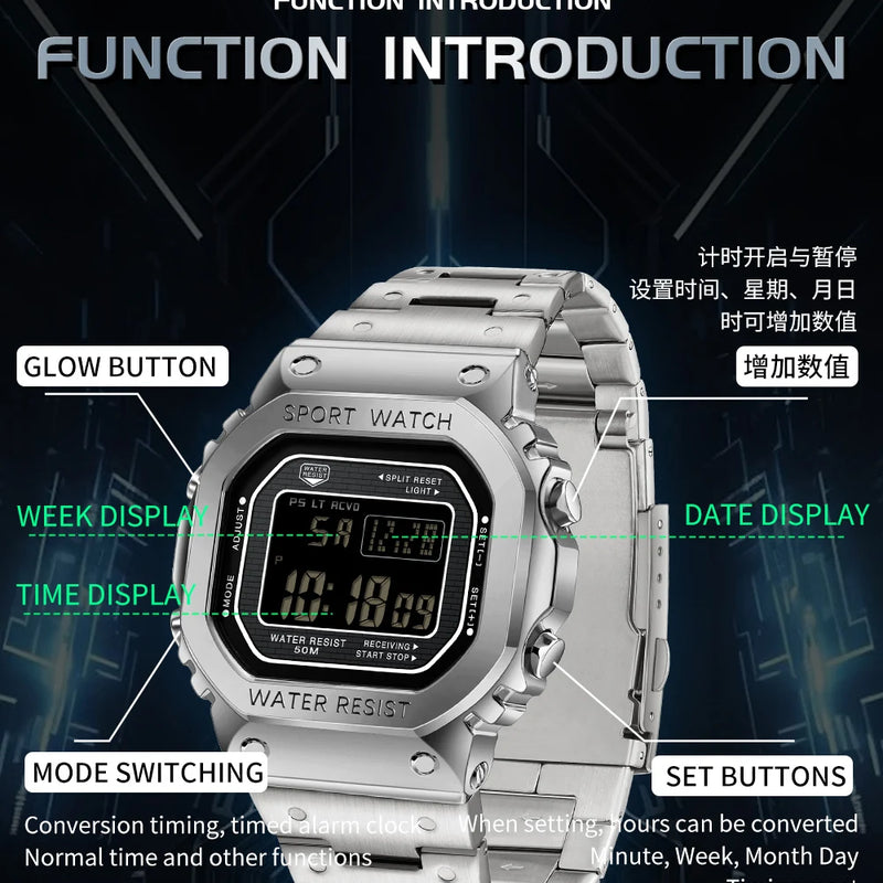 SANDA 2162 Men's Electronic Watch Square Waterproof Multi Functional Wrist Watch Square Fashion Night Light Steel Digit Watches
