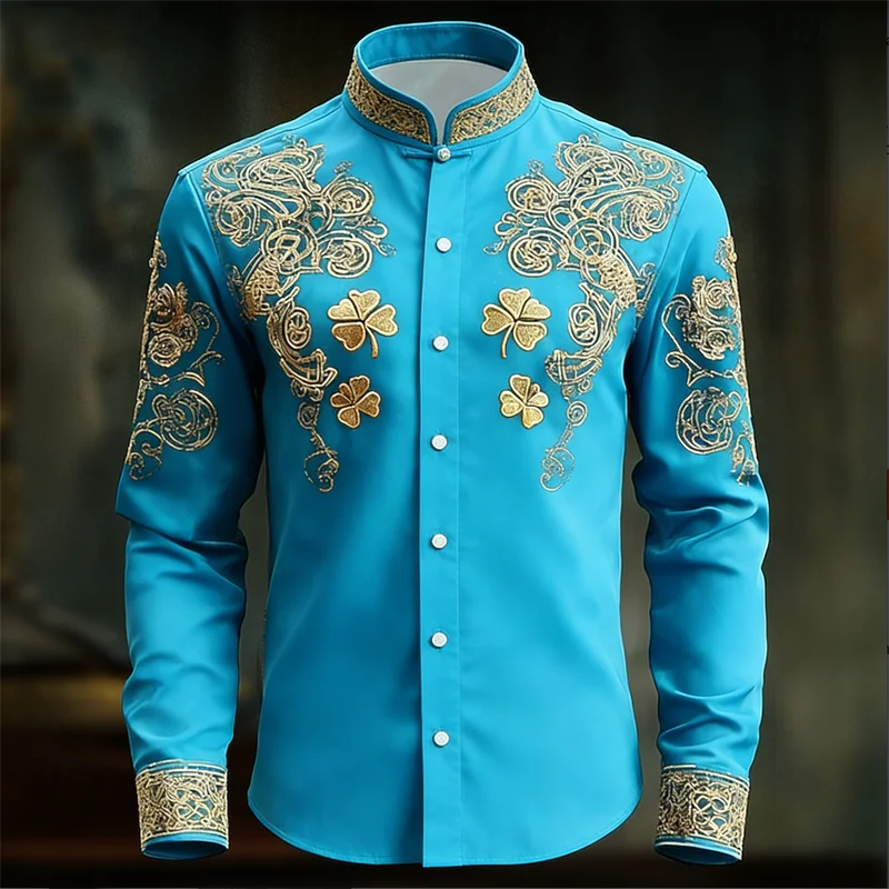 New Men's Floral Long Sleeved Shirt with Gold 3D Clover | SAMAG