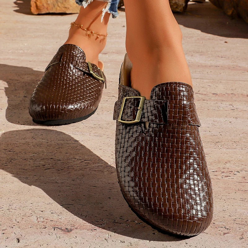 Fashion Gold Woven Buckle Clogs for Women 2026 Summer Closed Toe Cork Sole Mule Shoes Woman Non-slip Flat Heels Half Slippers