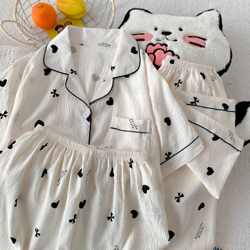 Cartoon Hello Kitty Summer Cardigan Lapel Women's Pajama Set Cloud Cotton Cute Printed Casual Loungewear Three-piece Set
