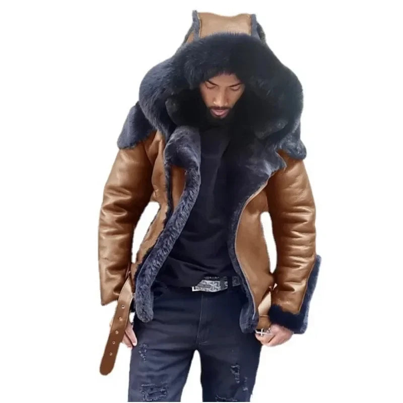 New Fashion Men's Coats Winter Jackets Fur Faux Leather European and American Coat Hooded Men Clothing