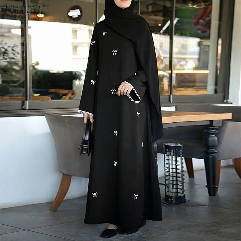 ZANZEA Muslim Modest Bow Printing Maxi Dress Women's | SAMAG