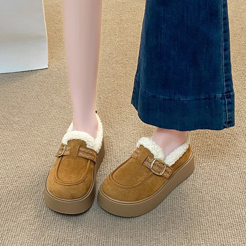 Winter Elegant Round Toe Sexy and Buckle Velvet Thick Soled Casual Shoes  Fashionable and Popular New Comfortable Women's Shoes
