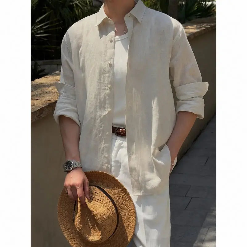 Men's Linen Shirt Cotton Blend Long Sleeve Button Down | SAMAG