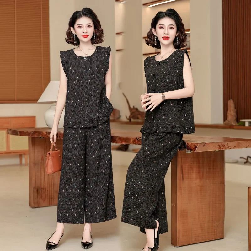 Women 2 Piece Outfit Sleeveless Printed Top And Wide Leg Pants Summer Casual Mom Wear For Middle Aged