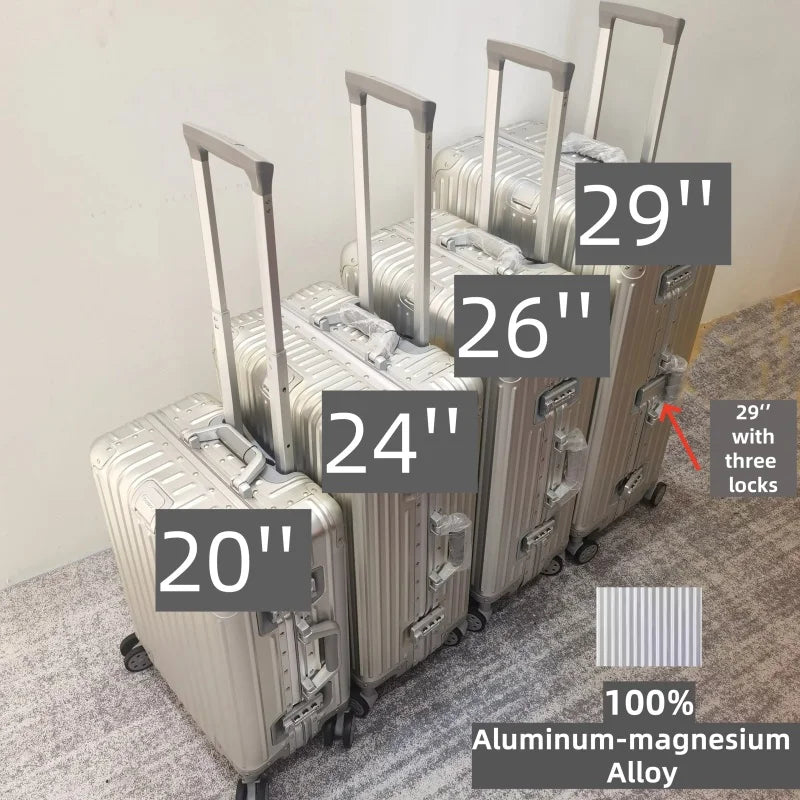 100% Aluminum-magnesium Alloy Travel Suitcase High Quality Rolling Luggage 20/24/26/29'' Trolley Luggage Carry-On Cabin Suitcase