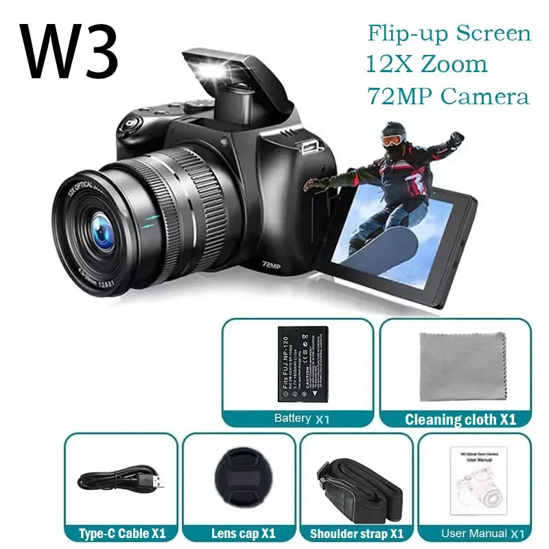 4K DSLR Digital Camera 3-Inch 72MP Photography Camera with 12X Optical Zoom 180° Flip Screen Autofocus for Ins YouTube Webcast