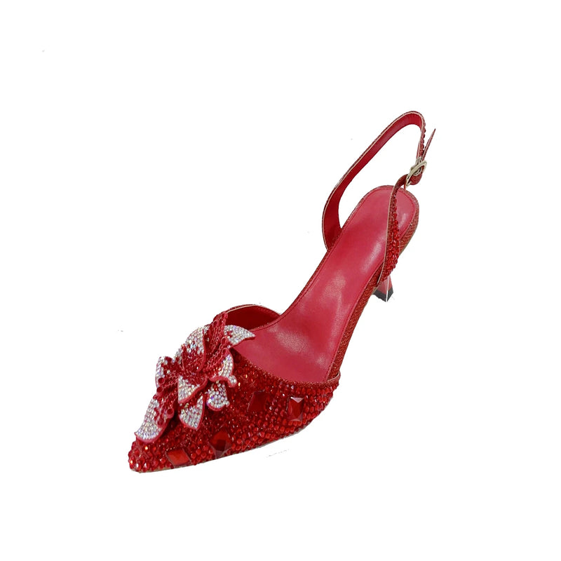 INSIGHTLINK Red Color Party Shoes and Bags Nigerian Women’s Suit Medium Heel Pointed Toe Women’s Shoes  Rhinestones sandals Red