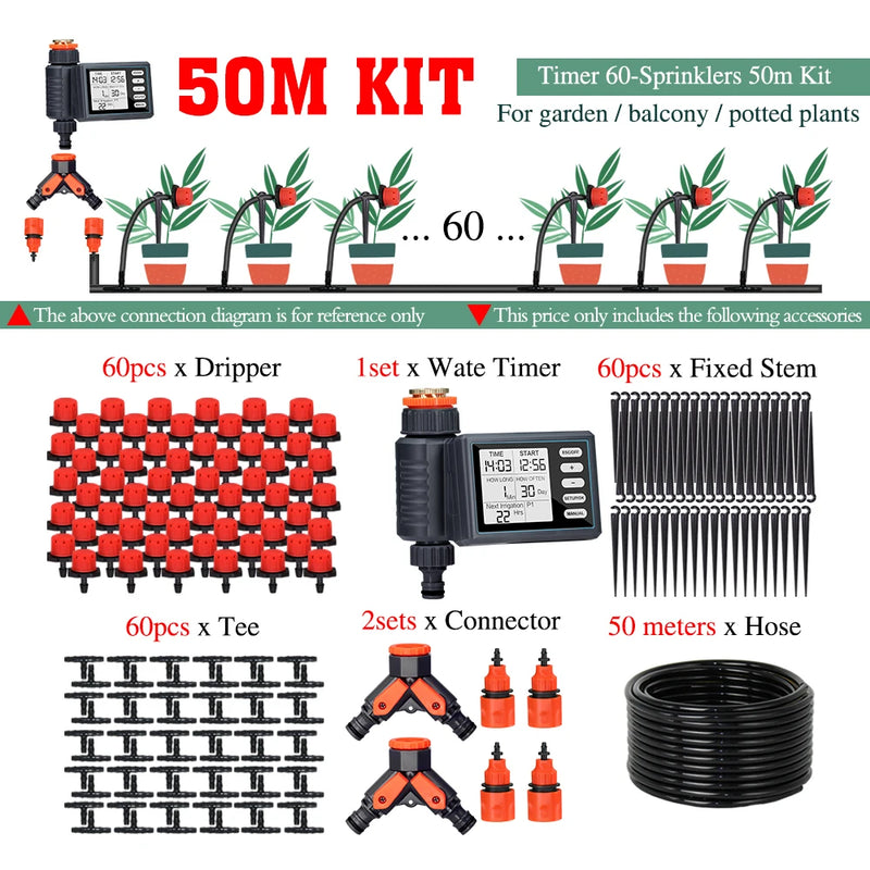 50-5M 1/4'' Hose Adjustable Drippers Automatic Watering Kit for Garden Greenhouse Home Outdoor Sprinkler Drip Irrigation System