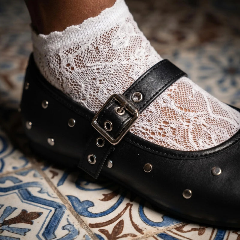 Metal Stud Ballet Flats for Women Square Toe Ankle Strap Design Rivet Decoration Memory Foam Insole Party Evening Shoes