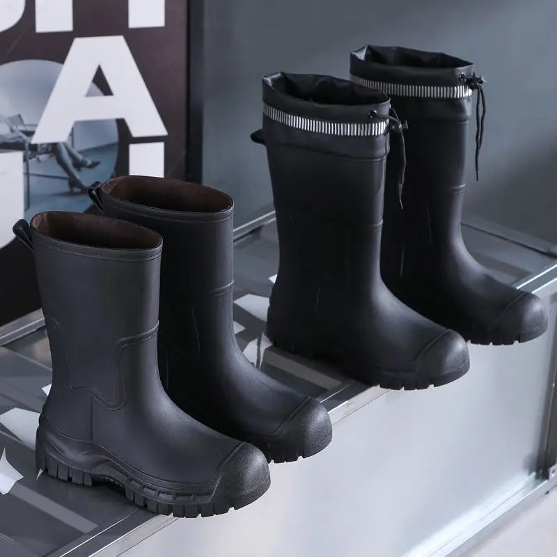 Stylish Men's Tall Rain Shoes New Cinch-Top Waterproof Non-Slip Mid-Calf Boots for Work Fishing Kitchen Use