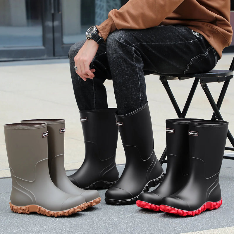 Men's Rain Boots Long Tube Water Shoes Non-slip Waterproof Safety Work Shoes Black Red High-Top Fishing Boots With Cotton Socks