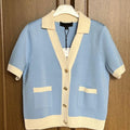 Tossy Knit Sweater Cardigan Coat Female Pocket V-Neck Contrast Short Sleeve Patchwork Elegant Vest Women's Knitwear Cardigan Top