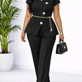 Mlaiscsr Short Sleeve V-Neck Jacket Coat and Straight-leg Pants 2 Pieces Set for Woman Elegant Office Blazer Suits Female Outfit