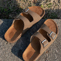 Women's Teen Mules New Spring and Summer Vintage Casual Slip-On Shoes Pu Upper Double Strap Half Slippers with Adjustable Buckle