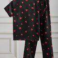 Women's Satin Silk Pajama Set Black Red Heart Print Short | SAMAG