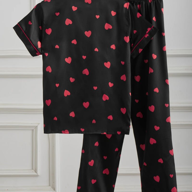 Women's Satin Silk Pajama Set Black Red Heart Print Short | SAMAG