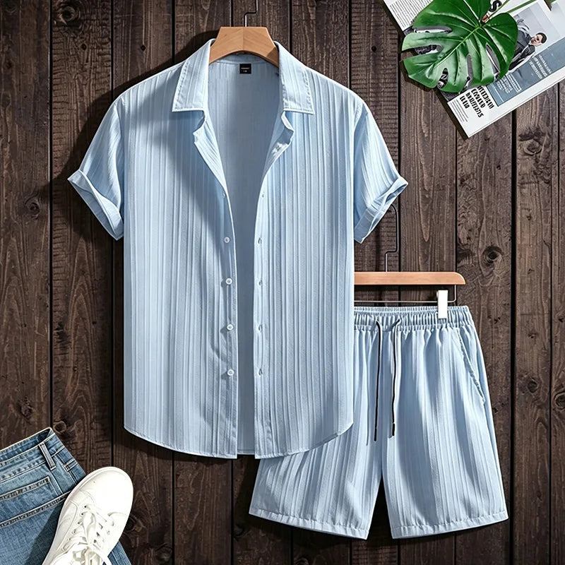 Men Vertical Wrinkle Lapel Short Sleeve Shirt Regular Fit | SAMAG