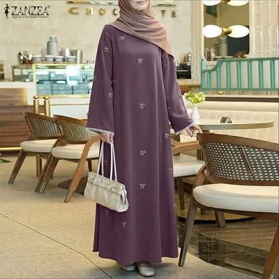 ZANZEA Muslim Modest Bow Printing Maxi Dress Women's | SAMAG