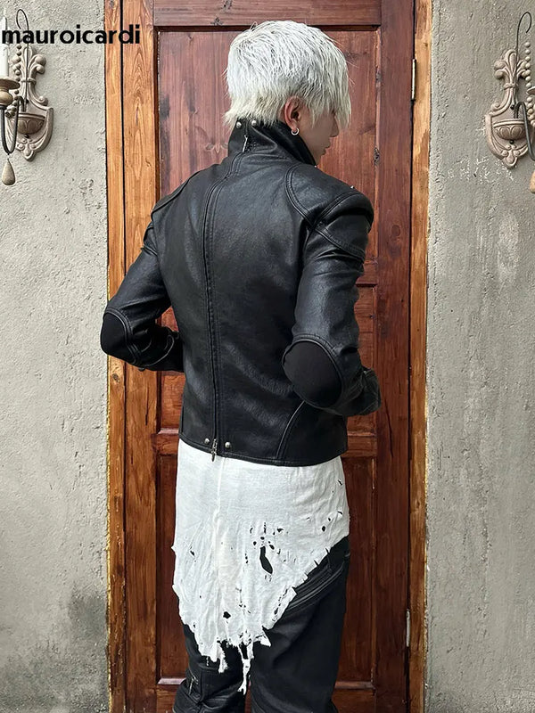 Mauroicardi Spring Black Short Pu Leather Jacket Men with Back Zipper Luxury Brands Original Emo Streetwear Punk Style Clothing