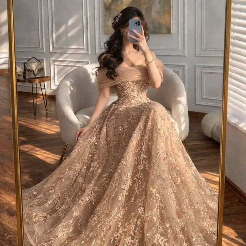 Customized Luxury Off the Shoulder A-line Prom Dress Sequined Appliques Dubai Evening Dresses Tulle Formal Party Gown 2026