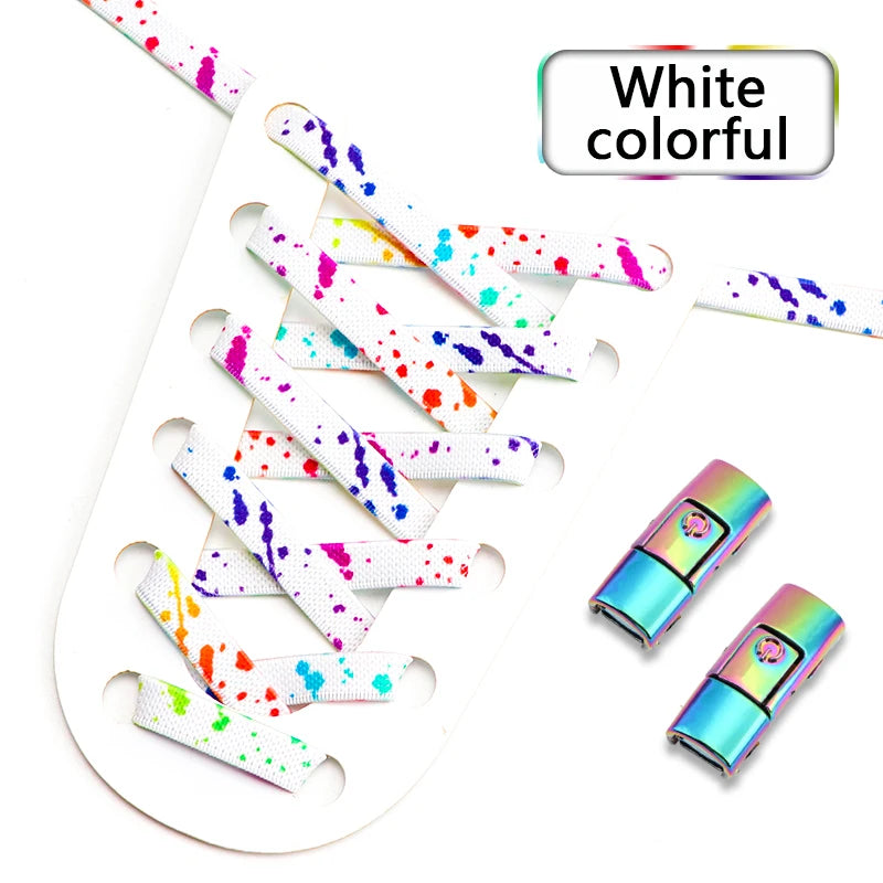No Tie Shoelaces for Sneakers Colorful Press Metal Lock Shoelace Splashing Ink Print Flat Elastic Laces Without Ties Shoe Laces