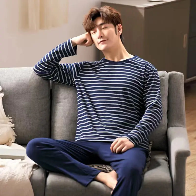 2-Piece New Spring And Fall Men's Pajamas Set Boys Soft Long-Sleeved Sleep Rest Home Party Pajamas Men's Casual Homewear