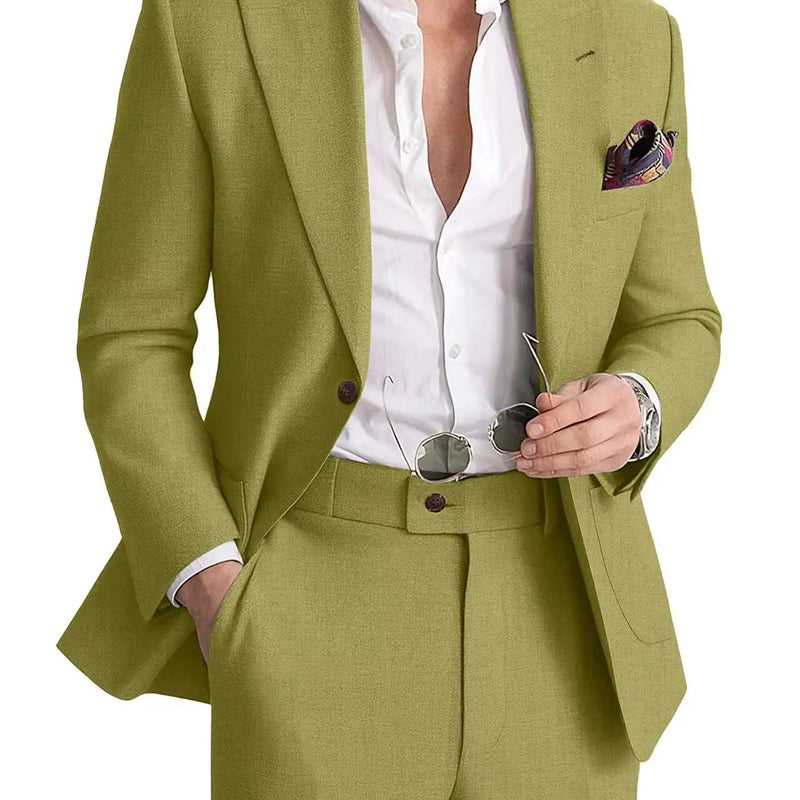 Mens Linen Suit 2 Piece Casual Suits for Men Summer Beach Groom Wedding Suit Linen Blazer Pants Set