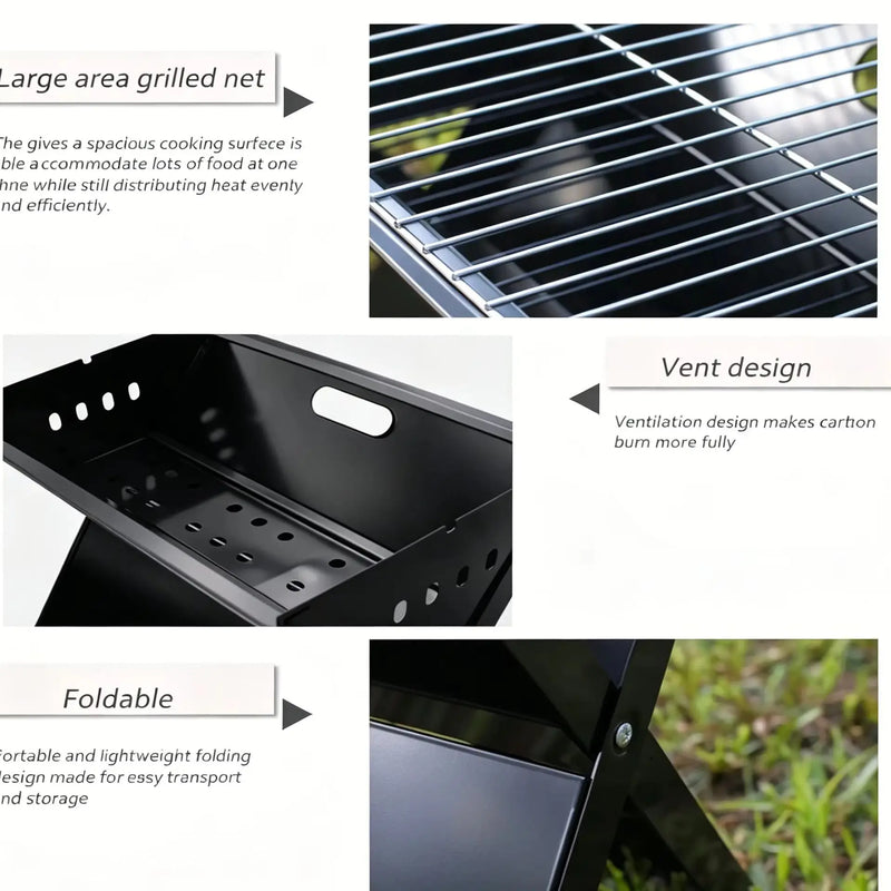 Portable folding barbecue grill with ventilation design for 3-5 people evenly heated essential for camping and picnicking