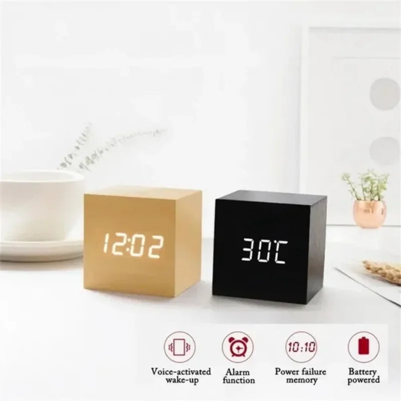 Voice Control Digital Electronic Clock Luminous Smart LED Wooden Alarm Clock Multifunctional Desktop Timepiece