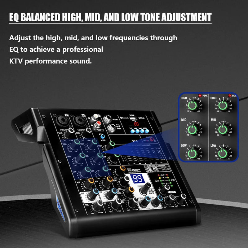 FUHAM 4 Channel Audio Mixer Bluetooth USB DJ Console 48V Phantom Power for Studio Karaoke Streaming