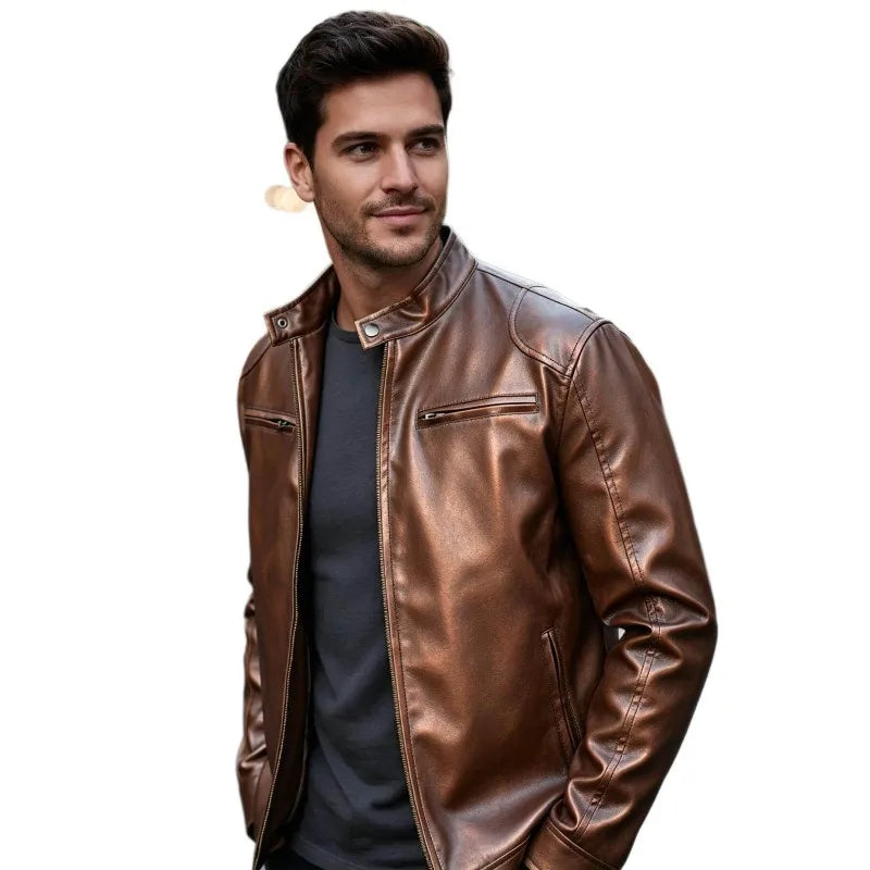 Men's PU leather jacket stand-up collar slim-fit vintage-style biker jacket spring/fall top