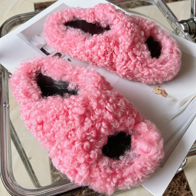 Real Wool Fur House Slippers Solid Color Cross Strap Fluffy Fur Slides Funny Comfortable Fuzzy Slippers Women's Shoes Trend 2026