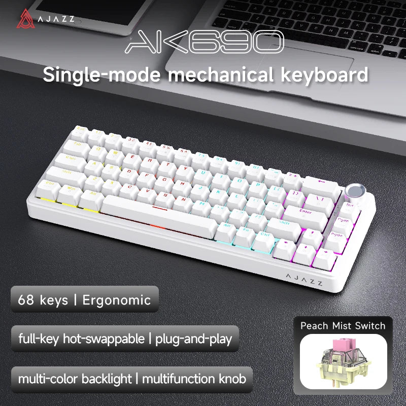 AJAZZ AK690 65% Mechanical Keyboard Wired USB Plug and Play Full-key Hot-Swap Mixed Light 68 Keys Gaming Keyboard for Laptop PC