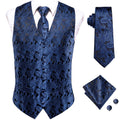 Hi-Tie Navy Blue Mens Vest Formal Paisley Waistcoat Jacket Tie Handkerchief Cufflinks Set For Male Dress Suit Wedding Party