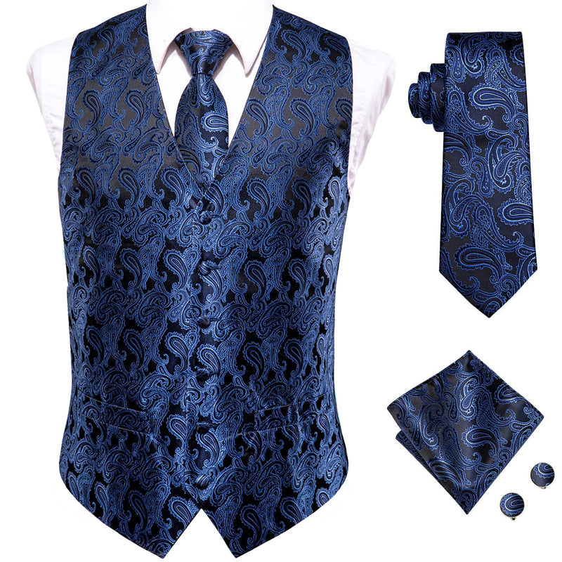 Hi-Tie Navy Blue Mens Vest Formal Paisley Waistcoat Jacket Tie Handkerchief Cufflinks Set For Male Dress Suit Wedding Party