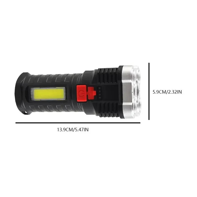 High-power rechargeable flashlight with side light, 3 lighting modes, suitable for camping, outdoor activities, and adventures