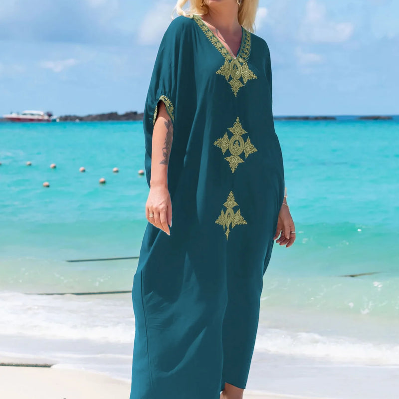 Women's Clothing Gold Embroidery Long Kaftan Dresses V Neck Caftan Dress Beach Cover Ups Tunic Maxi Dress