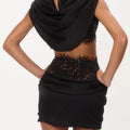 Women's Satin Draped Cowl Neck Crop Top Sexy Lace Corset Mini Skirt Two Piece Set Sleeveless High Waist Ruched Bodycon Skirt
