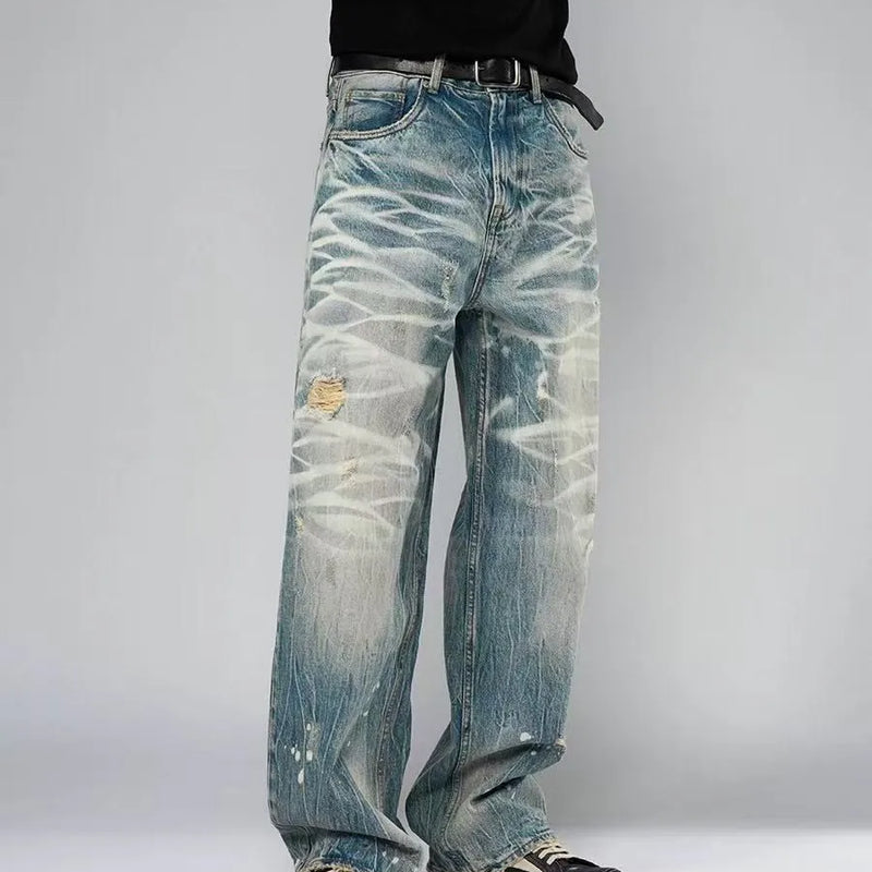 【HME】Men's jeans Street‑Style Distressed Denim Pants | SAMAG