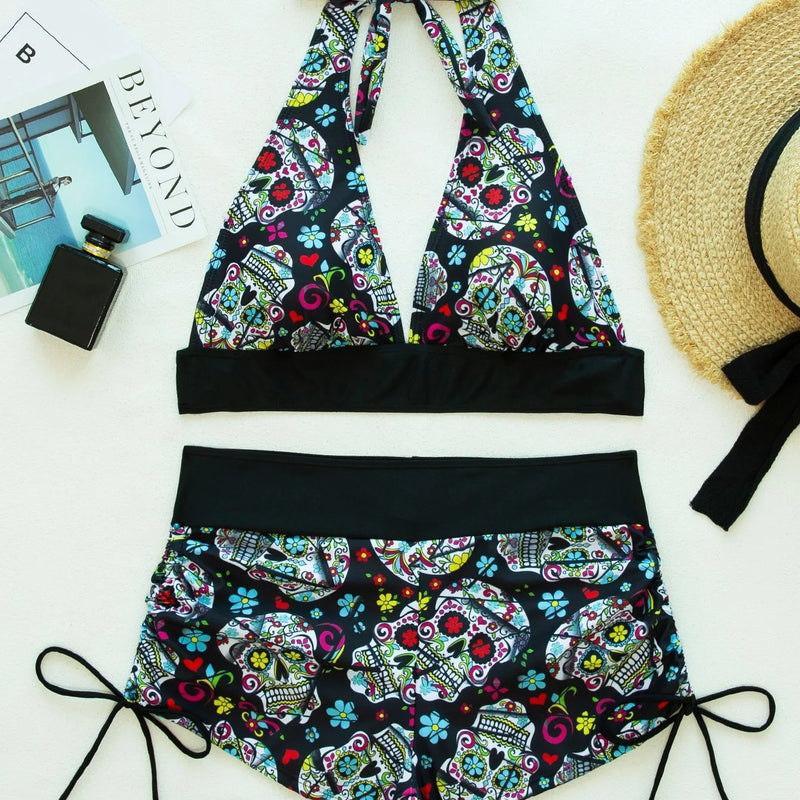 Square Neck Modest Bikini Set With Skull Print | SAMAG
