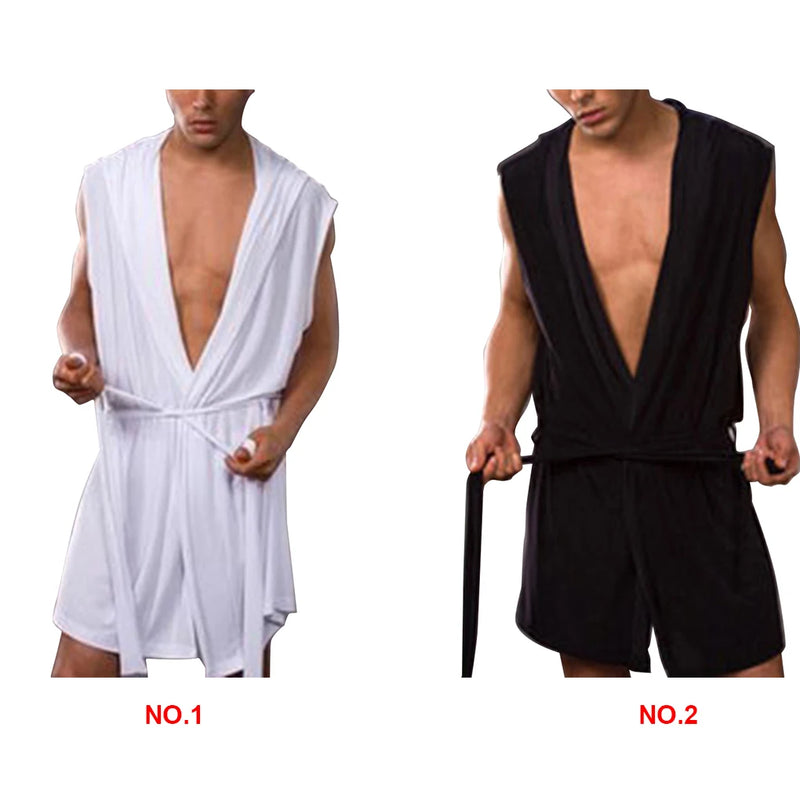 Men's Summer Milk Silk Bathrobe Hooded Sleeveless Bathrobe Pajamas Slimming Medium And Long Fitting Household Clothing