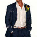 Beige Linen Men Suits 2 Pieces Beach Wedding American Style Jacket with Pants Formal Groom Tuxedos Male Suits (Blazer+Pants)