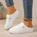 Women White Hollow Cutout Backless Mule Sneakers Breathable PU Leather Upper No Tie Laces Slip‑On Summer Casual Flat Shoes