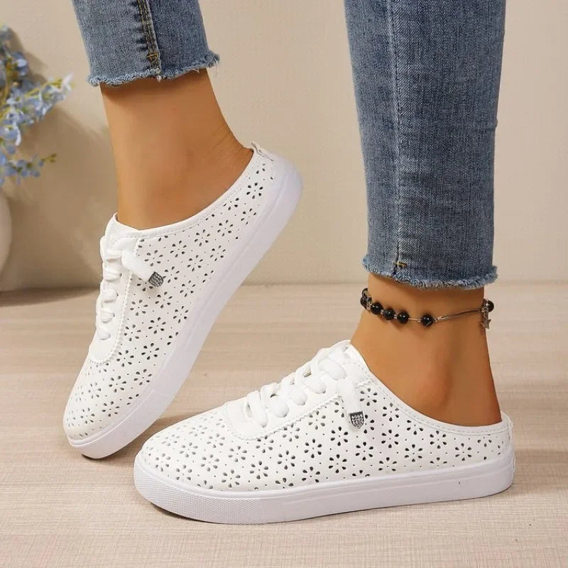 Women White Hollow Cutout Backless Mule Sneakers Breathable PU Leather Upper No Tie Laces Slip‑On Summer Casual Flat Shoes