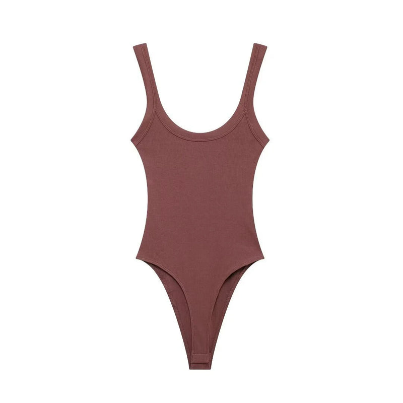 Women's Skinny Ribbed Bodysuits O Neck Straps Snap-Button Sexy Fashion Female Playsuits Comfortable Stretchy Clothing