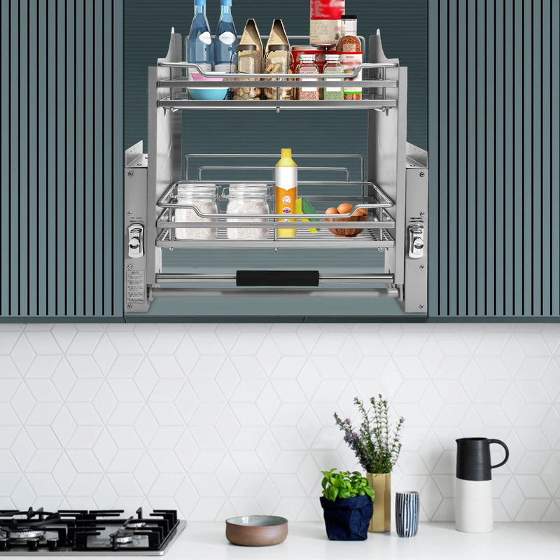 Dark Grey 2-Tier Pull-Down Dish Rack Space-Saving Cabinet Pull-Down Shelf 56.2x28x56cm/22.13x11.02x22.05in Kitchen Storage Organizer